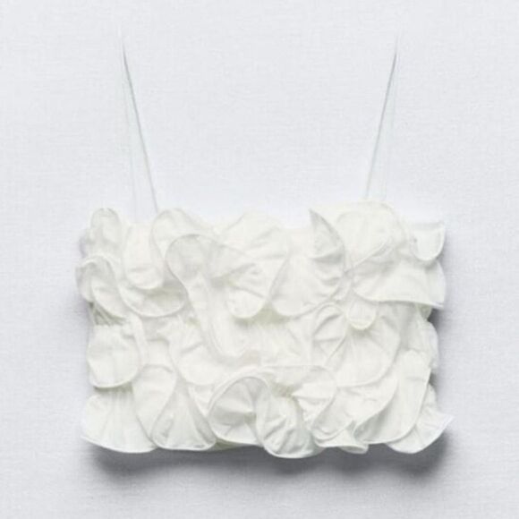 Zara Tops - NWT Zara White Ribbed Crop Top With Raised Ruffles Thin Straps Size S